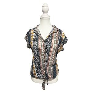 Modern Attraction Retro Print Tie Front Shirt Short Sleeve Size S